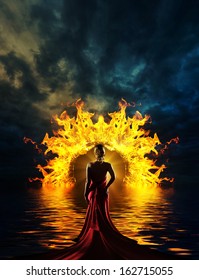 Woman at hell's door dramatic background