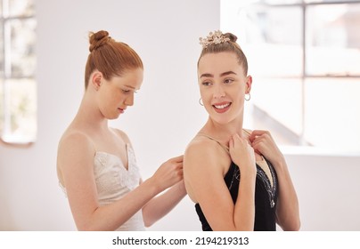 Woman Helping Ballet Girl With Clothes Before Stage, Concert Or Studio Performance. Dancer Or Team Mate Help Ballerina Academy School Student Before Creative Dance Training, Exercise Or Recital