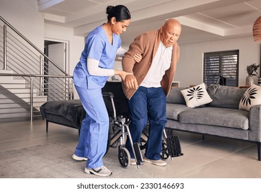 Woman helping man in wheelchair, nursing home and medical service for physical therapy, recovery and retirement. Caregiver, nurse and support patient with disability, rehabilitation and healthcare - Powered by Shutterstock