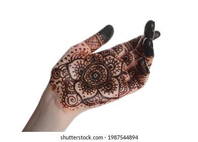 Woman With Henna Tattoo On Palm Against White Background, Closeup. Traditional Mehndi Ornament