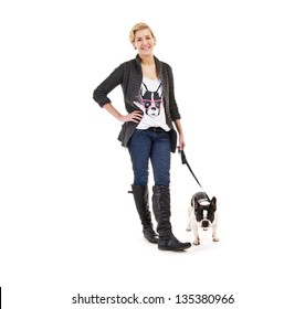Woman with her dog on leash over white background