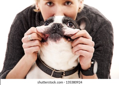 Woman with her dog playing