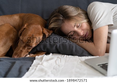 Woman with her lovely dog Vizsla sleeping together on the same pillow on the couch at home, napping after working at the computer.