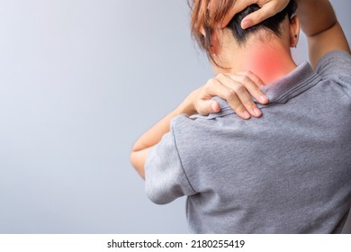 Woman With Her Neck Sprain, Muscle Painful During Overwork. Girl Having Body Problem After Wake Up. Stiff Neck, Office Syndrome And Ergonomic Concept