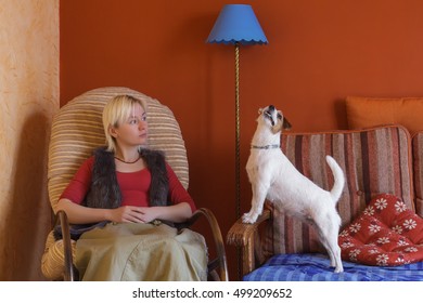 Woman And Her Pet Having Fun At Home. Young Girl Is Resting With A Dog On The Sofa. A Dog Singing A Posing. Jack Russell Terrier Howling. Owner Girl Training With Her Friend. Teaching Dogs At Home. 