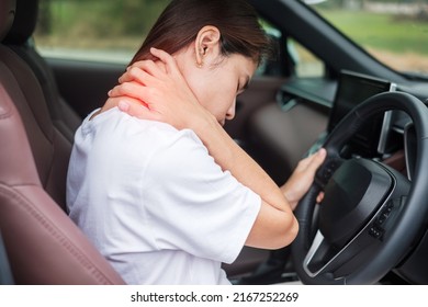 Woman With Her Shoulder And Neck Sprain While Driving Car Long Time, Muscle Painful. Shoulder Ache, Scapular Pain, Office Syndrome And Ergonomic Concept