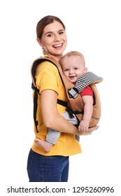 Woman With Her Son In Baby Carrier On White Background