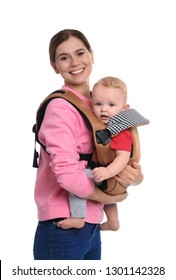 Woman With Her Son In Baby Carrier On White Background