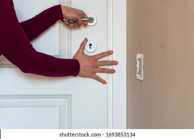 Woman Hiding Behind The Door, Woman Is Very Afraid Of Someone, Escape From Domestic Violence