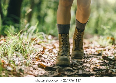 Woman Hiker Hiking On Forest Trail