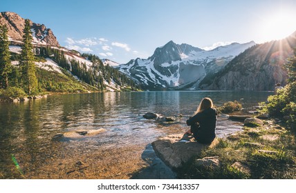 Woman Hiker Standing In Front Of Snowmass Mountain At Sunset Colorado