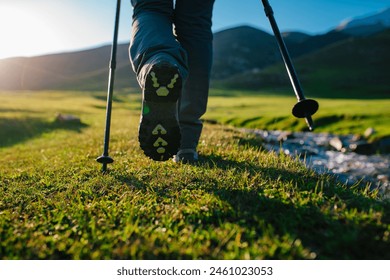 Woman hiker with trekking poles walks through green meadow in sunset light - Powered by Shutterstock