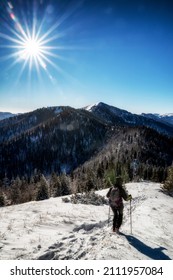 Woman Hiker Walking On Snow In Winter Country. Great Fatra Mountains At Slovakia