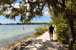 Woman Hiking Beside Tampa Bay At De Soto National Memorial, Bradenton, Florida,  USA