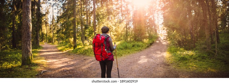 Woman hiking and going camping in nature. Concept of choosing of a right path at the wildlife area.