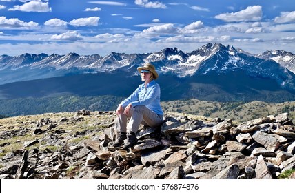 Woman Hiking In Mountains. Scenic View From Independence Pass Near Aspen. Denver. Boulder. Colorado. United States.