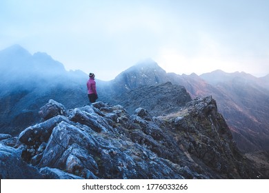 Woman Hiking On Cuillin Ridge Mountains - Sunrise In Skye