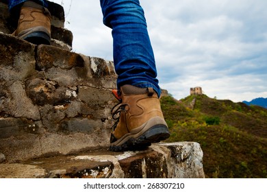 Woman Hiking On Great Wall In China