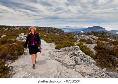 Woman Hiking On The Table Mountain Of Cape Town