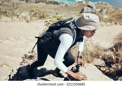 Woman, Hiking And Rock On Mountain For Climbing, Workout Or Fitness. Girl, Health And Exercise For Training, Sport And Wellness On Adventure In Nature In Summer On Hill, Hiker And Stone In Australia