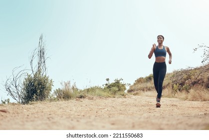 Woman, Hiking And Running On Mountain In Mockup, Workout Or Fitness. Runner, Wellness And Exercise In Training, Sports And Health On Adventure In Nature In Summer With Hill, Girl And Sky In Australia