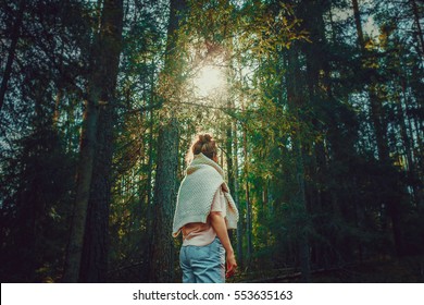 Woman Hiking In Woods, Warm Summer Day. 