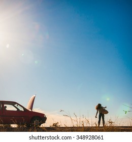 Woman Hitch  Hiking In Desert After Car Brake Down