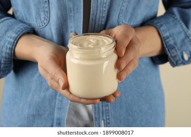 Woman Hold Bowl With Mayonnaise, Close Up