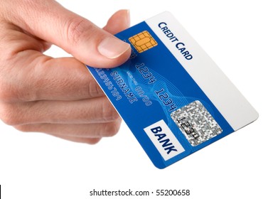 Woman Hold Credit Card In Her Hand. Isolated On White Background.