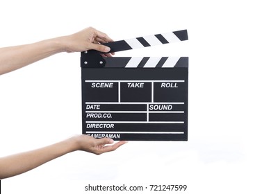 woman hold movie clapper on isolated and white background; film, cinema and video photography concept