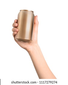 Woman holding aluminum can with beverage on light background