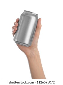 Woman holding aluminum can with beverage on white background