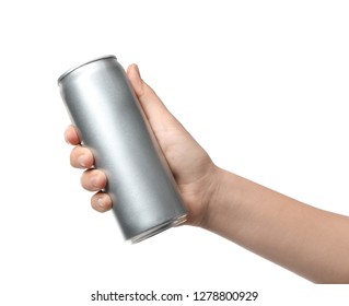 Woman holding aluminum can with beverage on white background, closeup. Mockup for design