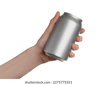 Woman holding aluminum can on white background, closeup