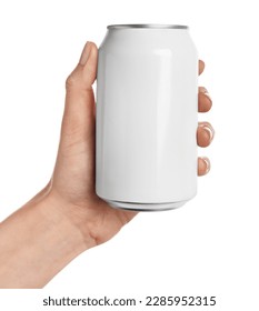 Woman holding aluminum can on white background, closeup