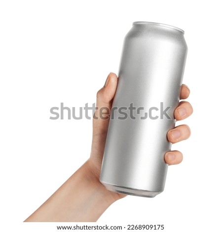 Woman holding aluminum can on white background, closeup