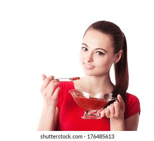 Woman Holding Ar Hot Sauce  Isolated On White