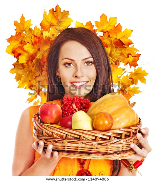Woman Holding Autumn Basket Fruit Vegetable Stock Photo (Edit Now ...