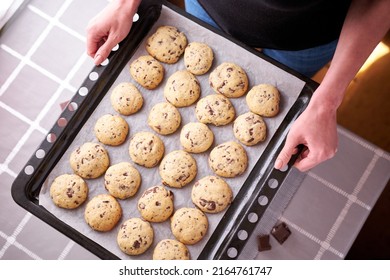 Woman Holding Baking Tray Full Of Freshly Made Chocolate Chip Cookies