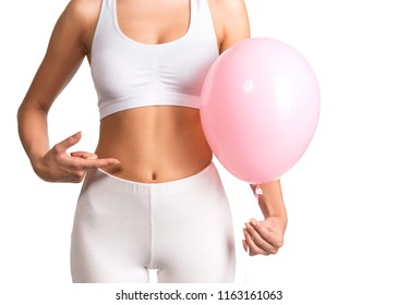 Woman Holding A Balloon, Feeling Bloated Concept  