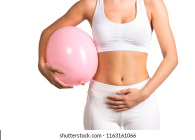 Woman Holding A Balloon, Feeling Bloated Concept  