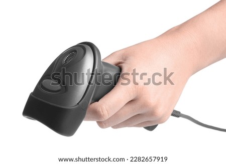 Woman holding barcode scanner on white background, closeup