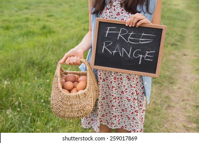 Woman holding basket of free range eggs on a sunny day