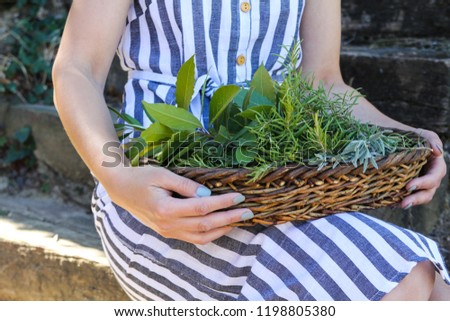 woman holding a basket with spicy herbs