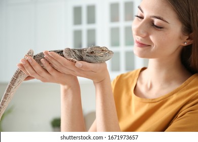 Woman Holding Bearded Lizard Indoors, Closeup. Exotic Pet
