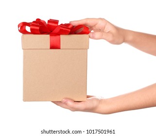 Woman Holding Beautiful Gift Box On White Background