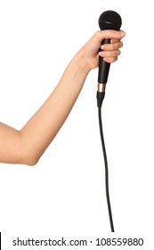 Woman Holding Big Black Microphone For Singing