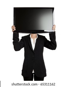 Woman Holding A Big TV Screen Over Her Head