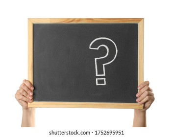 Woman Holding Blackboard With Question Mark On White Background, Closeup