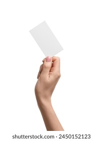 Woman holding blank business card on white background, closeup. Space for text